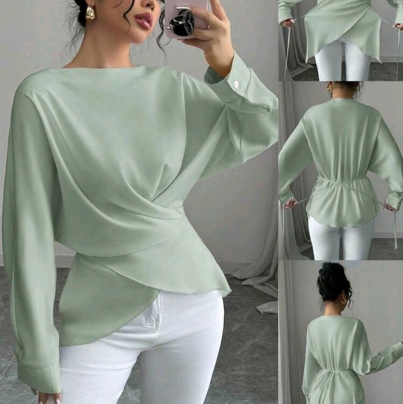 Women's Autumn/Winter Off-Shoulder Long Sleeve Loose Fit Cross-Front Tie - Picture 2 of 6